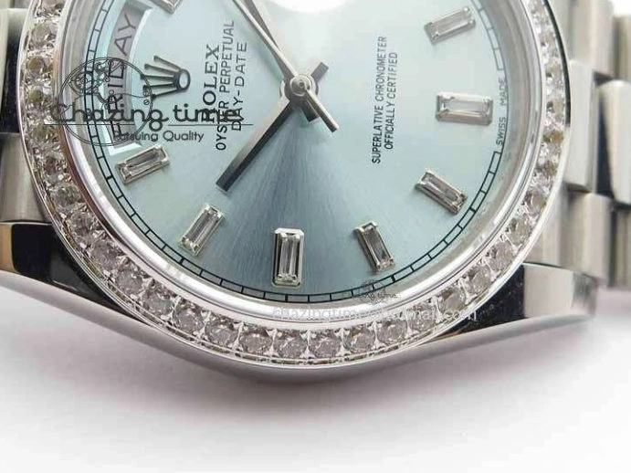 MiroTime 1218 Stylish Day Date 40mm SS BP Maker Best Edition Diamond Bezel Ice Blue Dial On SS Bracelet ETA 3699